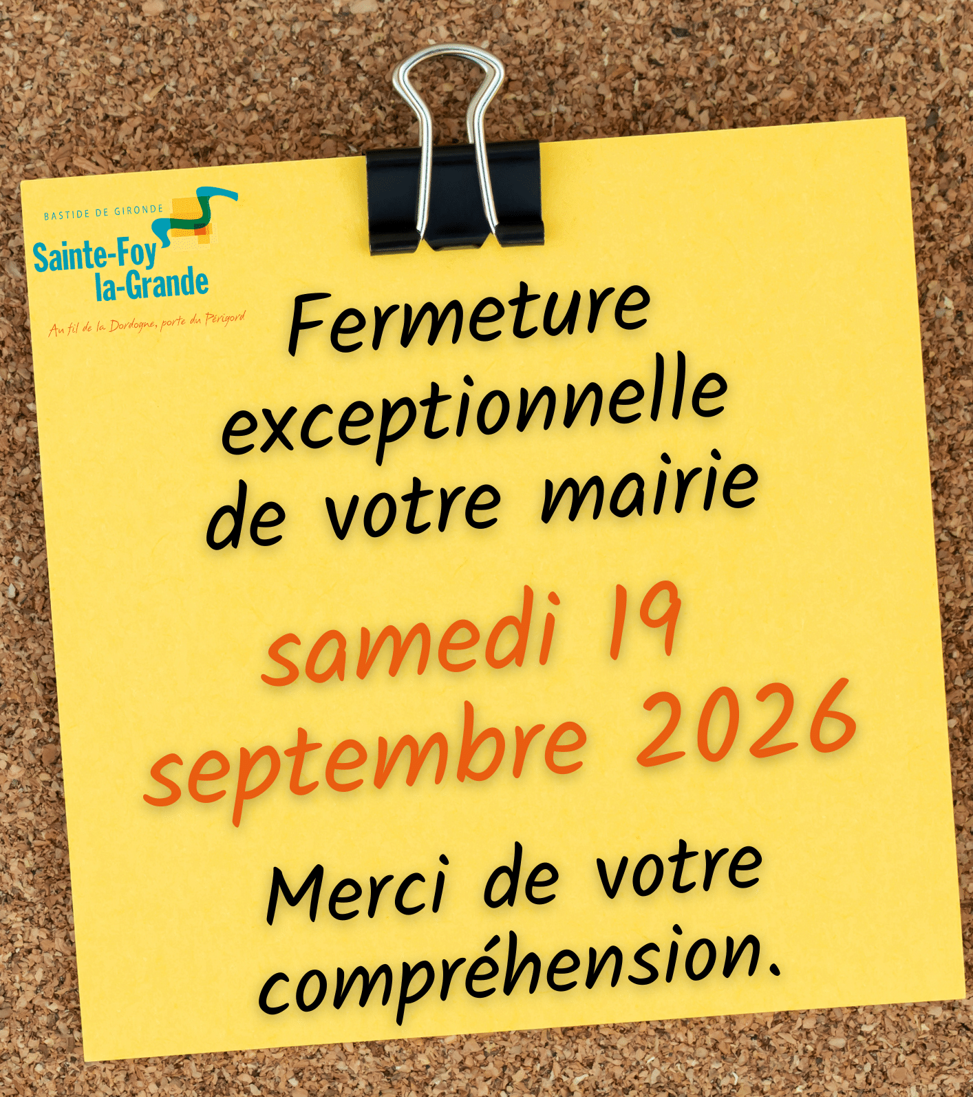 Fermeture exceptionnelle 19.09.26
